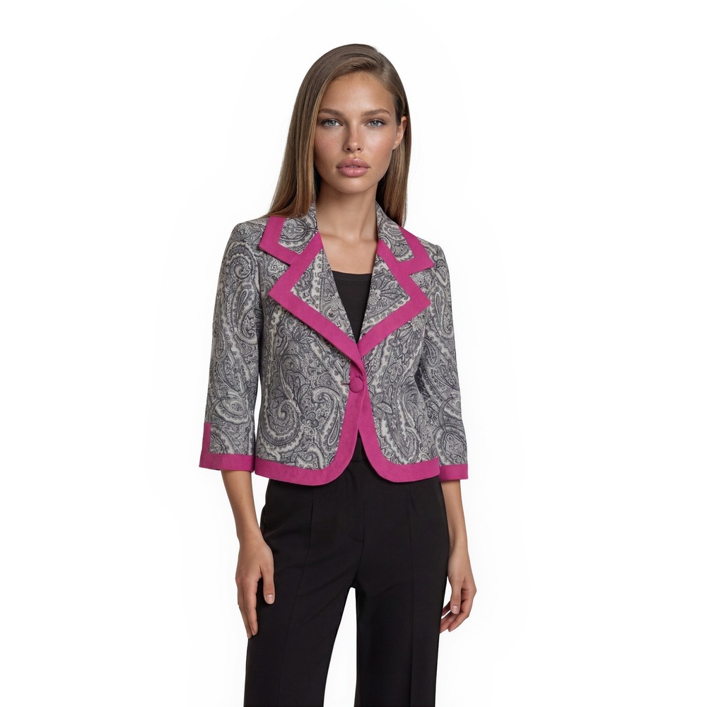 3 Sisters Blazer Women's Medium Pink Black Paisley 100% Linen 3/4 Sleeve